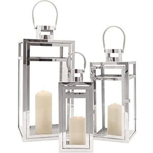 TRIROCKS Set van 3 RVS Decoratieve Lantaarn 48cm&38cm&30cm Hoog Metaal Hangende Houder met Duidelijke Glaspanelen Perfect voor Woondecoratie Woonkamer Binnen Tafel Buiten (Zilver)