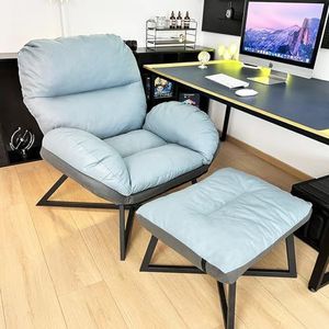 Loungestoel met poef, luie stoel met poef, comfortabele accentstoel met niet-wasbare technische stoffen stof en stalen frame, eenvoudig te installeren(Blue,B)