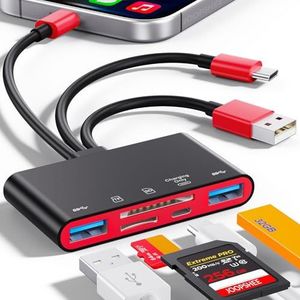 5-in-1 geheugenkaartlezer, USB OTG-adapter en SD-kaartlezer voor iPhone/iPad, USB C en USB A-apparaten met Micro SD- en SD-kaartsleuven, ondersteunt SD/Micro SD/SDHC/SDXC/MMC (zwartrood)