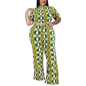 Dames Plus Size Boho 2-delige Outfit Mode Mock Hals Gedrukt Crop Top Met Korte Mouwen En Casual Lange Broek Met Wijde Pijpen (Color : Green, Size : 5XL)