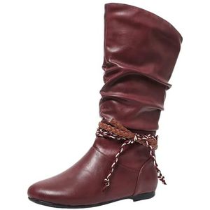 Western Cowboylaarzen Met Franjes Dames Lange Laarzen Retro Platte Instappers PU Leren Rijlaarzen Herfst Winter Vrijetijdsschoenen Overgangslaarzen for Buiten, Feesten(42 EU)