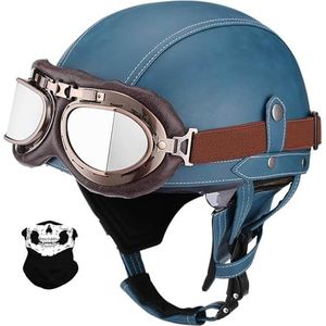 3/4 Jethelmen Voor Volwassenen Motorhelm Retro Bromfietshelm 3/4 Open Motorhelmen Met Bril PU Leer Scooterhelm Chopper Dames Heren DOT/ECE Gecertificeerd D,L=59-60CM