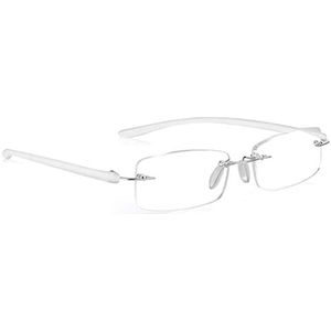 Leesbril 3,0, hoogwaardige randloze bril, stijlvol rechthoekig ontwerp in helder wit voor dagelijks gebruik. Read Optics
