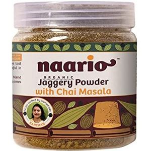 NAARIO Organic Jaggery Powder with Chai Masala Aromatic Chai Masala Premix with Gur, Adrak, Cinnamon, Cardamom Added No Preservatives 100% Vegan, 200 gm