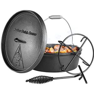 Dutch Oven Set 5,8 liter, BBQ vuurpan stoofpan, dikke gietijzeren kookpan, Dutch-Oven zonder poten, incl. deksellifter spiraalvormig handvat & pannenstandaard, voor koken Oudoor Camping