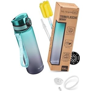 My Vesperbox Minny Drinkfles voor kinderen, lekvrij, met rietje of zeef, 350 ml, 500 ml, 750 ml, lichte Tritan waterfles, BPA-vrij, voor kleuterschool, school (grijs-blauw, 750 ml)