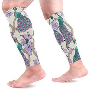EZIOLY Pauwen Bloemen Sport Kalf Compressie Mouwen Been Compressie Sokken Kalf Guard voor hardlopen, Fietsen, Moederschap, Reizen, Verpleegkundigen