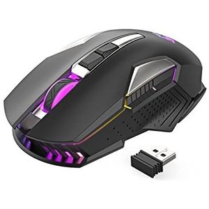 MAGIC-REFINER draadloze gamingmuis, X18-G502 2.4G computermuis Stille klik met USB-ontvanger, 2400 DPI optisch, 7 RGB-licht, oplaadbare batterij met ultralange levensduur, voor pc/Mac/PS4/XBOX - zwart
