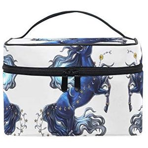 Blauw paard wit kunst cosmetische tas organizer rits make-up tassen zakje toilettas voor meisjes vrouwen
