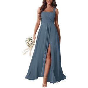 KURFACE Chiffon bruidsmeisjesjurken met split ruches lange bruidsmeisje vloerlengte formele avondjurk, Dusty Blauw, 32