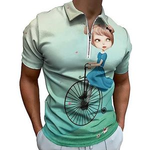Magie met Meisje Rijden Fiets Polo Shirt voor Mannen Casual Rits Kraag T-shirts Golf Tops Slim Fit