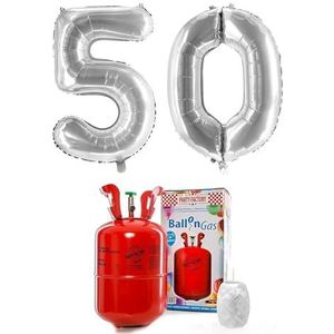 PARTY FACTORY Helium Set ""50"" met XXL nummer ballonnen, ballongas en ballonkoord - voor verjaardag, jubileum, verjaardag; goud, zilver, zwart, roze, roségoud, veelkleurig (zilver)
