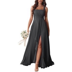 KURFACE Chiffon bruidsmeisjesjurken met split ruches lange bruidsmeisje vloerlengte formele avondjurk, Grijs, 32