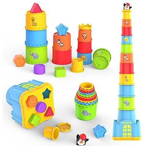 MOONTOY Stapelbekers, baby stapelspeelgoed voor 1 jaar oud, baby stapelblok, 19 stuks nestvormensorteerder, vroeg educatief bad babyspeelgoed voor 1 2 tot 3 jaar oud, verjaardagscadeau voor peuters