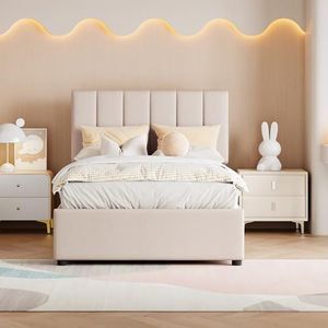 FAYICIC Kinderbed, gestoffeerd bed, 90 x 200 cm, hydraulisch opbergbed, huidvriendelijk linnen stapelbed (beige)