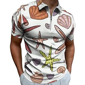 Starfish And Shells Poloshirt voor heren, met ritssluiting, casual korte mouwen, golftop, klassieke pasvorm, tennisshirt