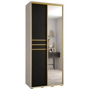 MEBLE KRYSPOL Davos 11 120 Kledingkast met twee schuifdeuren voor slaapkamer - Moderne Kledingkast met spiegel, kledingroede en planken - 235,2x120x60 cm - Wit Zwart Goud