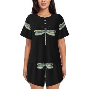 RIVETECH Dragonfly zwarte print dames pyjama set met korte mouwen - comfortabele korte sets, mouwen nachtkleding met zakken, Zwart, XL