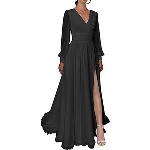 Split Chiffon V-hals Lange Mouw Prom Jurken Formele Jurk voor Vrouwen A-lijn Geplooide Maxi Jurk, Zwart, 40