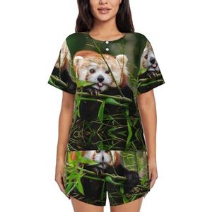 RIVETECH Kleine Rode Panda Print Vrouwen Korte Mouwen Pyjama Set Pyjama Lounge Set Met Zakken,, Zwart, M