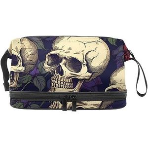 Dubbele Laag Cosmetische Tas Schedel Rose Rood Paars Draagbare Make-up Tas Reizen Organizer Pouch voor Vrouwen Meisjes Toiletartikelen Tassen, multi 1, 27x15x14 cm/10.6x5.9x5.5 in, Make-up zakje
