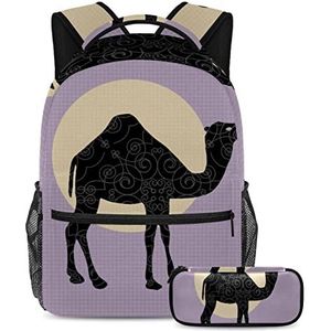 Camel Silhouette Rugzak met Etui, 2 Stks Kid Schooltas Set voor Jongens Meisjes Tieners, Travel Book Bag voor Studenten, Meerkleurig, B：29.4x20x40cm P：19x7.5x3.8cm, Rugzakken