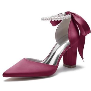 EICOFF Vrouwen Parel Trouwschoenen voor Bruid Hoge Hakken Puntige Teen Blok Hak Satijn Bruiloft Bruids Pompen Jurk Party Sandalen,Burgundy,35 EU