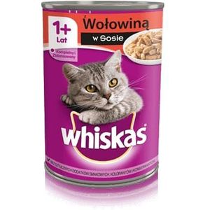Whiskas Kattenvoer, natvoer voor volwassenen 1+ met rundvlees in saus, 12 blikjes (12 x 400 g)