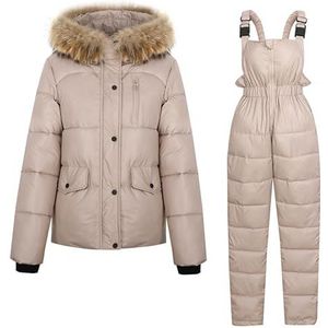 Damesset Van 2-Delig Skipak, Gewatteerd Jack Met Imitatiebont en Donsbroek for Wintersporten(Khaki,XXL)