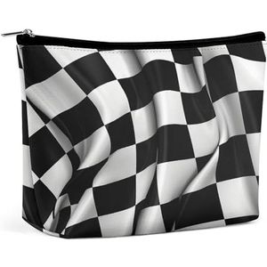 JKLPOMN Vrouwen draagbare reizen make-up tas, zwart wit geruite vlaggen bedrukte waterbestendige make-up zakken, schattige make-up tas, van toepassing op cosmetica, make-up borstels toiletartikelen,