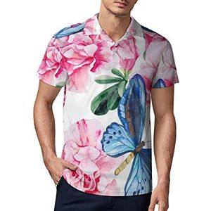 Roze Azalea en blauwe vlinders heren golf poloshirt zomer korte mouw T-shirt casual sneldrogende T-shirts L