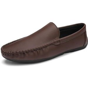 Loafers for heren Effen kleur Ronde neus Kunstleer Loafer Schoenen Antislip Platte hak Flexibele klassieke instapper (Color : Brown, Size : 40 EU)