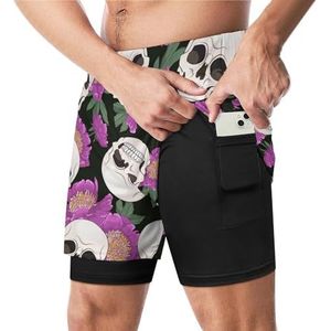 Paarse pioenrozen en schedels grappige zwembroek met compressie voering en zak voor mannen board zwemmen sport shorts