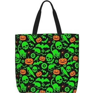 EdWal Herten hoofd afdrukken afdrukken lichtgewicht reizen Tote tas,Casual schoudertas Shopper handtas werk draagtas, Groene Ghost Horror Halloween Pompoen, Eén maat