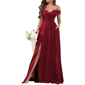 Dames chiffon bruidsmeisjes jurken met split lange galajurken ruches cocktailjurk plus size, Bordeaux, 32