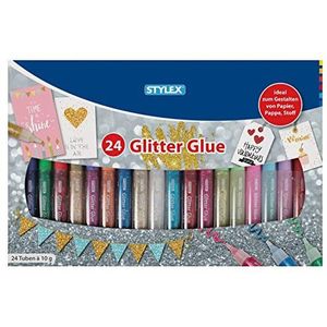 Stylex 23384 Glitterlijm in kleurrijke set met 24 tubes à 10 g, oplosmiddelvrij en uitwasbaar, lijm met leuke glitterdeeltjes voor creatief knutselen en vormgeven