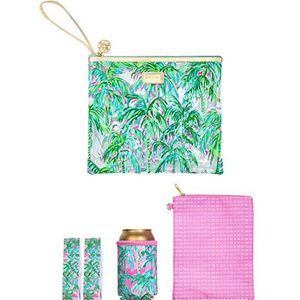 Lilly Pulitzer Water Resistant Vinyl Beach Day Pouch - Includes Drink Hugger, Zip Pouch, and Towel Clips, Suite Views