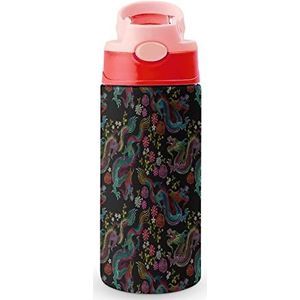 Vintage Dragon And Flowers 12oz waterfles met rietje koffiebeker waterbeker roestvrij staal reismok voor vrouwen mannen roze stijl