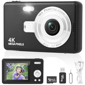Digitale camera fotocamera met 64 GB kaart, 1080p FHD 40MP kindercamera 2,4 inch LCD, oplaadbare camera fotocamera met 8x digitale zoom digicam voor kinderen, volwassenen, meisjes en jongens (zwart)