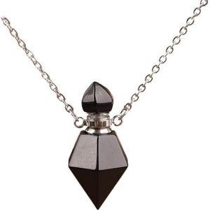 Faceted Rhombus White Turquoises Agates Stone Pocket Perfume Bottles Stainless Chain Necklace Women Jewelry Gift (Color : Silver Black Agate)
