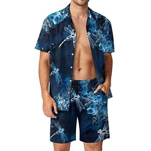 Aquarel Dragonfly, bloem Hawaiiaanse bijpassende set voor heren, 2-delige outfits, overhemden en shorts met knopen voor strandvakantie