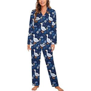 Ganzen Bloemen En Papier Boten Lange Mouw Pyjama Sets Voor Vrouwen Klassieke Nachtkleding Nachtkleding Zachte Pjs Lounge Sets