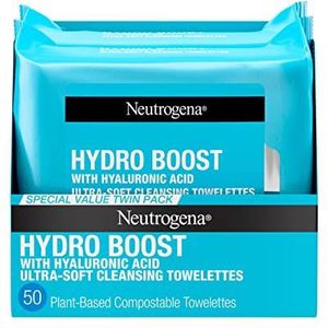 Neutrogena HydroBoost Facial Cleansing & Makeup Remover Wipes with Hyaluronic Acid, Hydrating Pre-Moistened Face Towelettes to Cleanse &Remove Dirt, Makeup & Impurities, Twin Pack, 25 ct