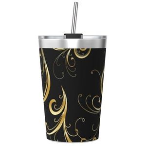 BeNtli 12 oz mok, geïsoleerde beker met conisch rietje, reisfles voor koffiemok, elegant zwart en goud bloemenpatroon