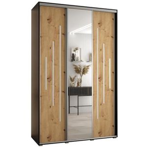 MEBLE KRYSPOL Davos 13 150 Kledingkast met drie schuifdeuren voor slaapkamer - Moderne Kledingkast met spiegel, kledingroede en planken - 235,2x150x60 cm - Zwart Artisan Silver