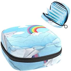 Periode Pouch, Draagbare Tampon Opbergtas voor Maandverband, Sky Scene met Papieren Vliegtuigen, Meerkleurig, 4.7x6.6x6.6 in/12x17x17 cm