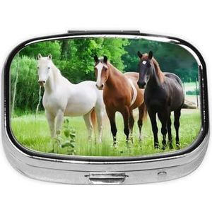 Vierkante pillendoos bruin wit paard - 2 compartimenten geneeskunde pillenetui, waterdicht, zak pillenorganisator, draagbaar, voor zak of portemonnee pillendozen