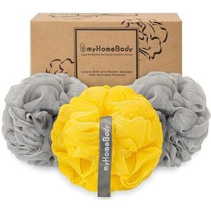 myHomeBody Grote 70 g loofah spons, body scrubber, badspons, loofah voor vrouwen, mannen, exfoliërende spons douche poef met actieve houtskool - 2 Ultimate Gray + 1 verlicht geel, 3 stuks