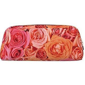 Oranje Roze Rose Make-up Tas Lederen Etui Reizen Toilettas Cosmetische Tas Dagelijkse Opbergtas Voor Vrouwen, Goud, Eén maat