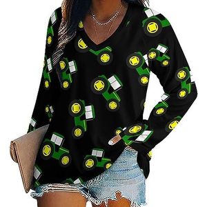 Groene Traktor vrouwen casual lange mouw T-shirts V-hals gedrukte grafische blouses Tee Tops 3XL
